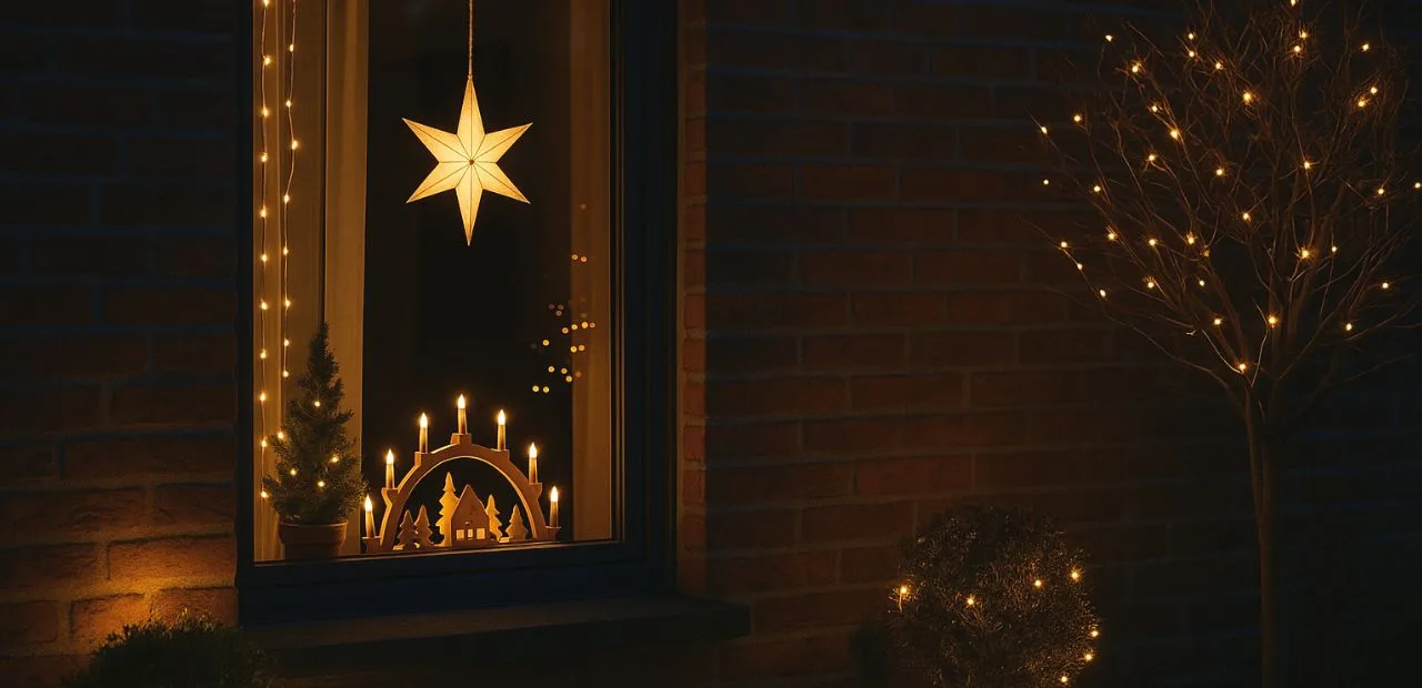 Fensterbeleuchtung Weihnachten mit Stern und Schwibbogen harmonisch kombiniert mit dezent beleuchtetem Garten.