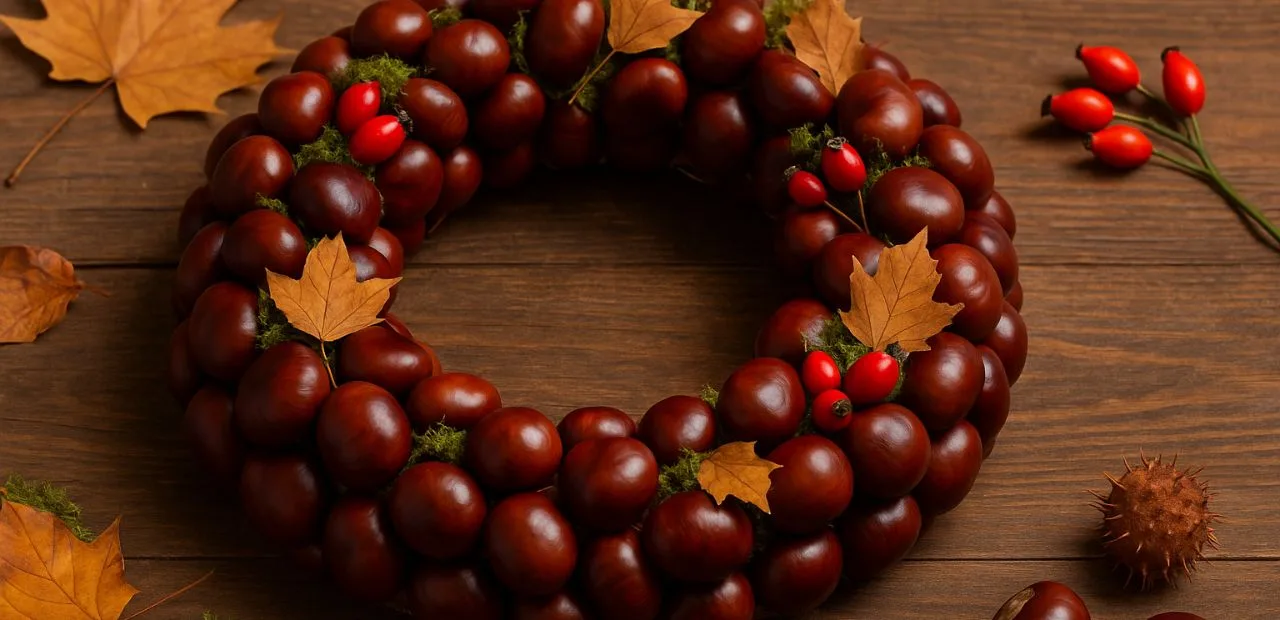 Herbstlicher Kastanienkranz auf Holztisch mit bunten Blättern, Hagebutten und Naturdeko – Kastanienkranz basteln.