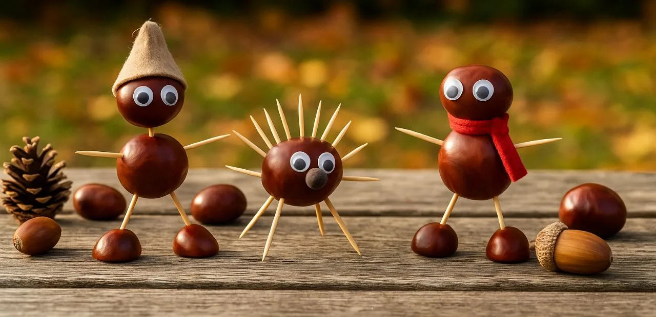 Kastanienmännchen basteln: Drei herbstliche Figuren aus Kastanien mit Blättern und Eicheln auf Holztisch.