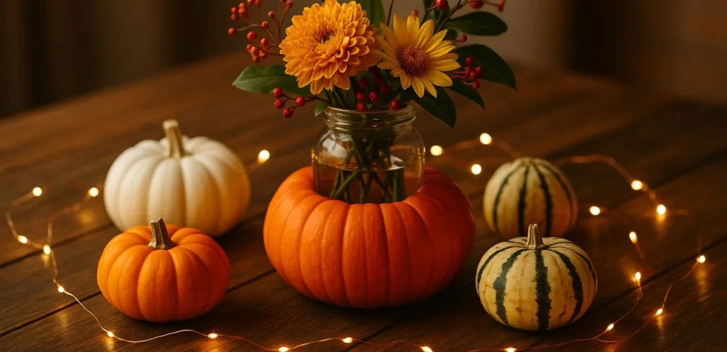 Herbstdeko Tisch mit Kürbissen als Vase, Blumen, Beerenzweigen und Lichterkette auf rustikalem Holztisch.