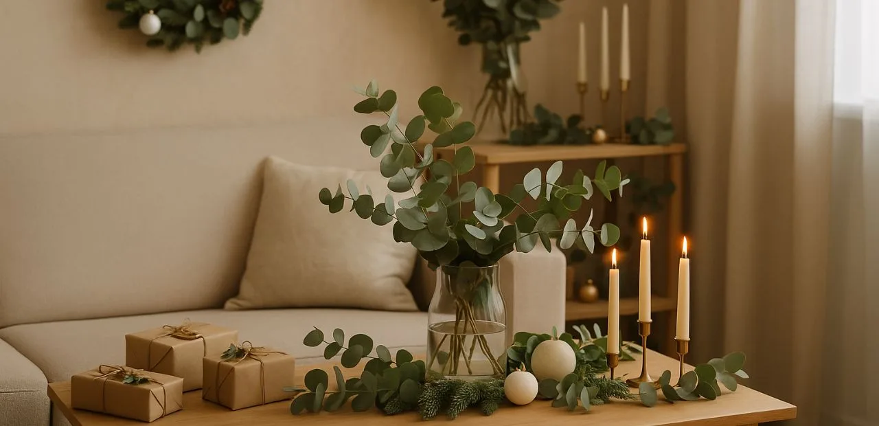 Weihnachtsdeko mit Eukalyptus im Wohnzimmer, mit Kerzen, Kranz, Geschenken und natürlicher, moderner Festtagsstimmung.