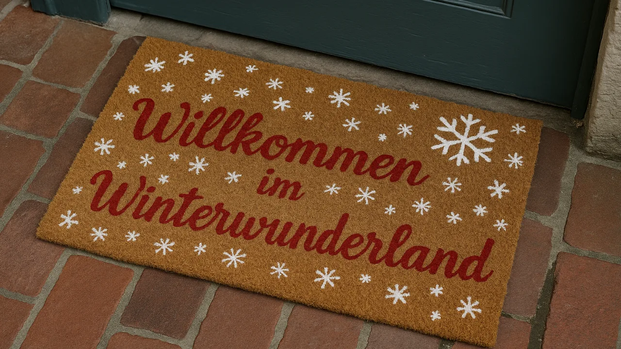Fußmatte bemalen zu Weihnachten – 3 kreative DIY-Ideen Weihnachtliche Fußmatte bemalen mit Schneeflocken und rotem Schriftzug