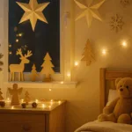 Weihnachtsdeko im Kinderzimmer mit Lichterkette, Holzfiguren und Papiersternen