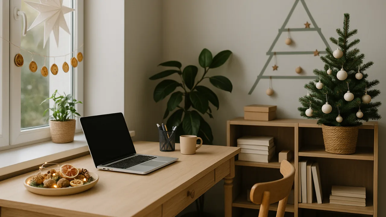 Weihnachtsdeko im Homeoffice – 3 Ideen für ein gemütliches Arbeitszimmer Weihnachtsdeko im Homeoffice mit Schreibtisch, Lichterkette und Mini-Tannenbaum