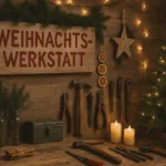Weihnachtsdeko im Keller mit Werkbank, Holzbaum, Lichterkette und festlicher Deko