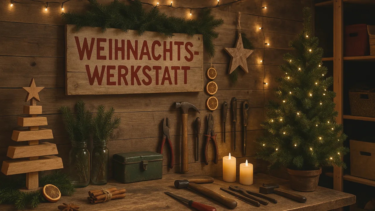 Weihnachtsdeko im Keller mit Werkbank, Holzbaum, Lichterkette und festlicher Deko