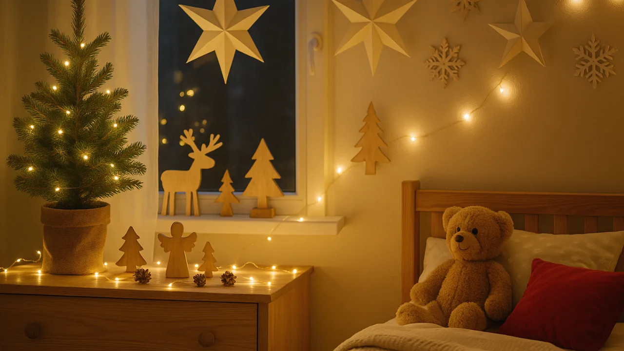 Weihnachtsdeko im Kinderzimmer – Ideen & Tipps für Eltern Weihnachtsdeko im Kinderzimmer mit Lichterkette, Holzfiguren und Papiersternen