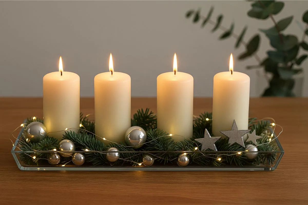 Modernes längliches Adventsgesteck mit Kerzen, Tannenzweigen, Silberkugeln und Lichterdraht auf Holztisch.