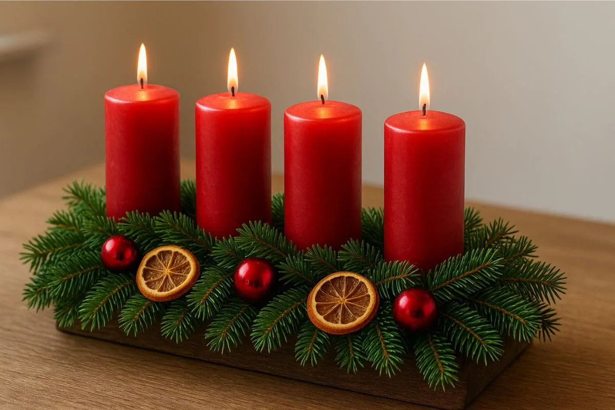 Längliches Adventsgesteck mit roten Kerzen, Tannenzweigen, Zapfen und Orangenscheiben auf Holztablett