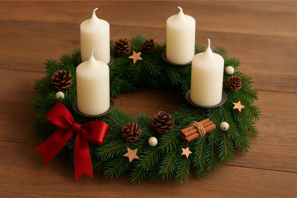 Klassischer Adventskranz aus Tannenzweigen mit vier Kerzen, Zapfen, Schleife und Zimtstangen selber basteln