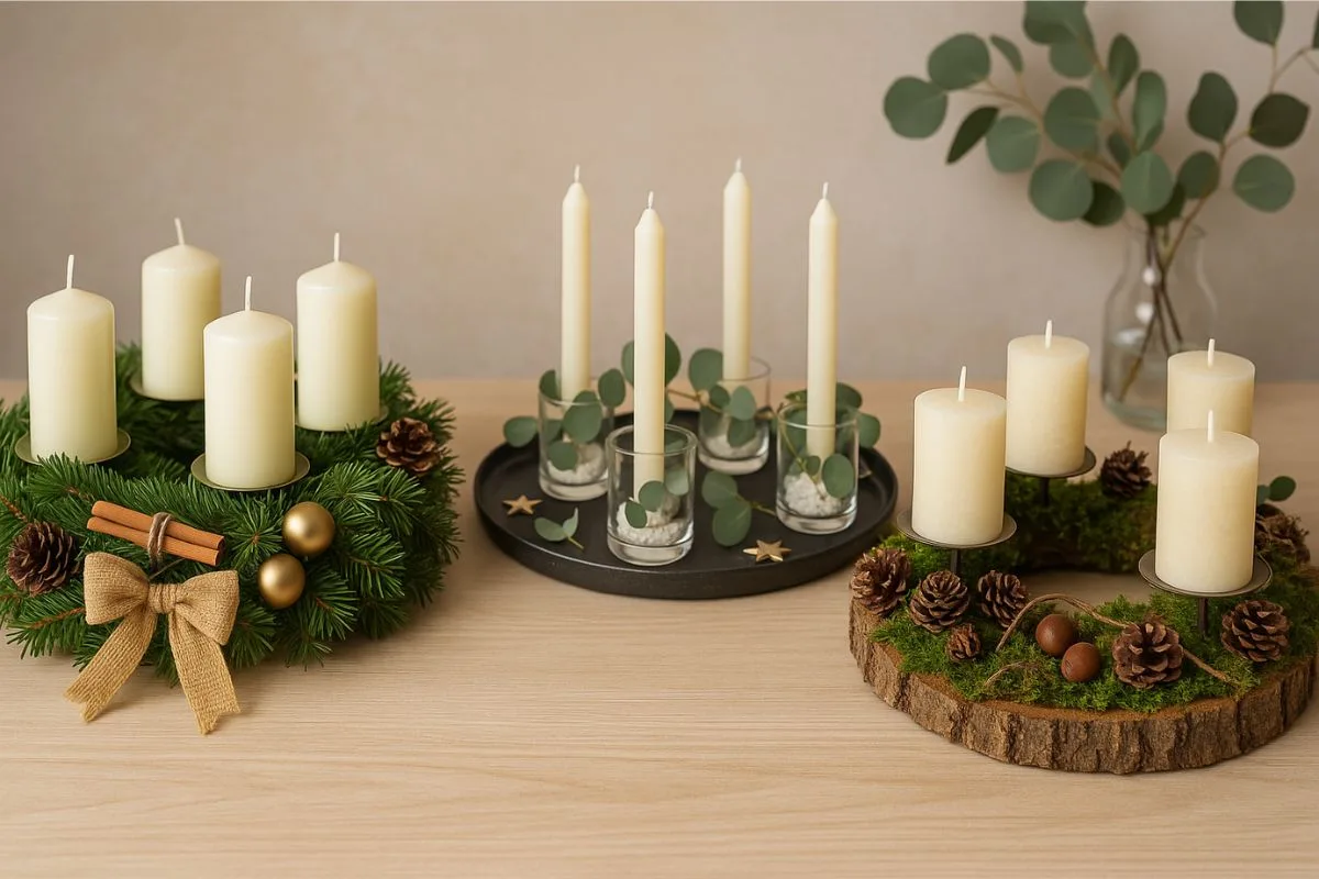 Drei Adventskränze selber basteln – klassische, moderne und natürliche Ideen mit Kerzen und Deko.