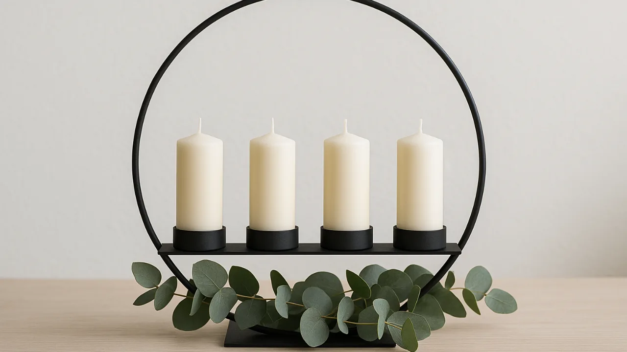 Schwarzer Metall-Adventskranz mit vier Kerzen und Eukalyptuszweigen