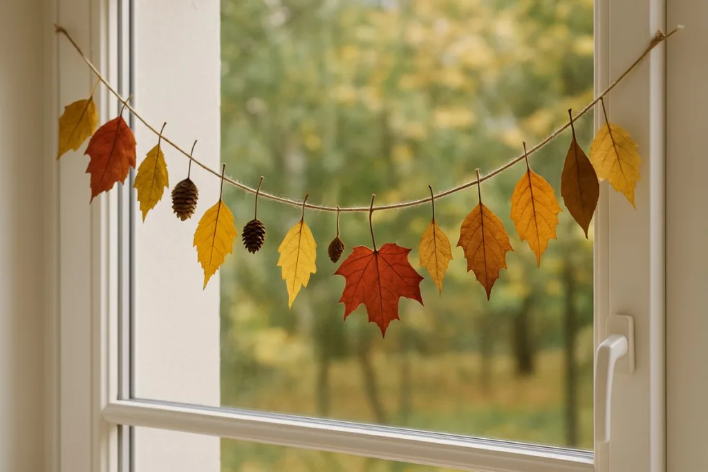 Basteln mit Laub - 3 Herbstarbeiten von einfach bis schwer Herbstliche Laubgirlande aus bunten Blättern und Zapfen am Fenster – einfache Bastelidee im Herbst.