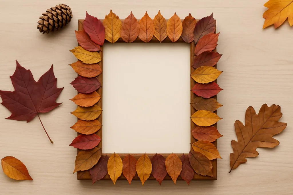 Basteln mit Laub - 3 Herbstarbeiten von einfach bis schwer Handgefertigter Bilderrahmen mit buntem Laub verziert – kreative Herbstarbeit zum Basteln mit Laub.