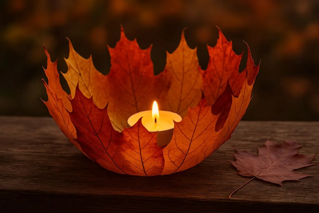 Basteln mit Laub - 3 Herbstarbeiten von einfach bis schwer Schale oder Windlicht aus buntem Herbstlaub mit Teelicht – natürliche Herbstarbeit zum Basteln mit Laub.