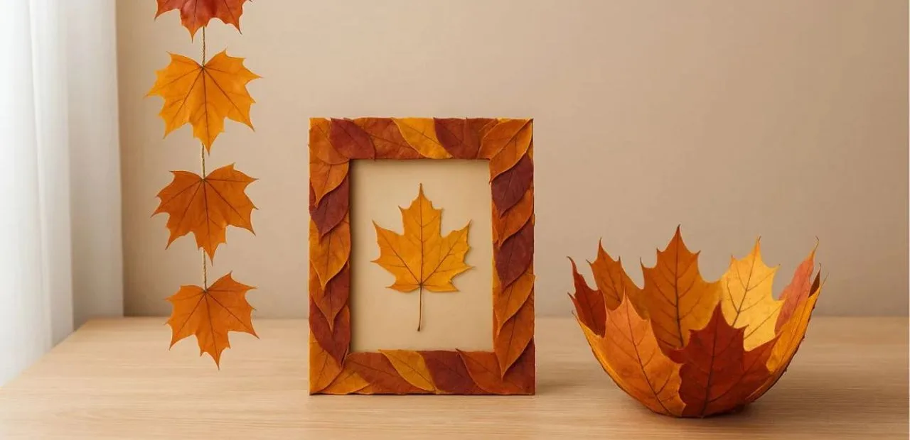 Drei Herbstbastelideen mit Laub: Girlande, Bilderrahmen und Schale – kreative Herbstarbeiten aus bunten Blättern.