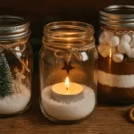 Einmachglas Weihnachten mit Kerze, Schnee, Deko und Geschenkideen in warmem Licht