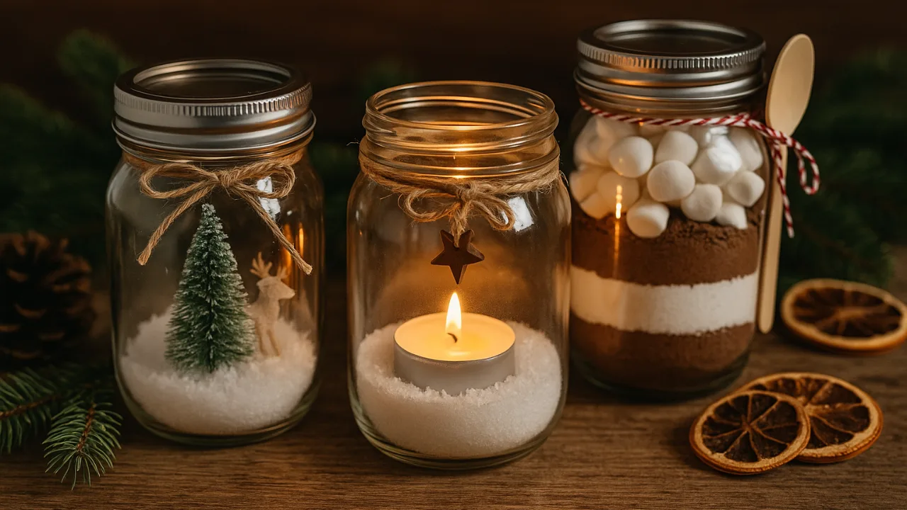 Einmachglas Weihnachten mit Kerze, Schnee, Deko und Geschenkideen in warmem Licht