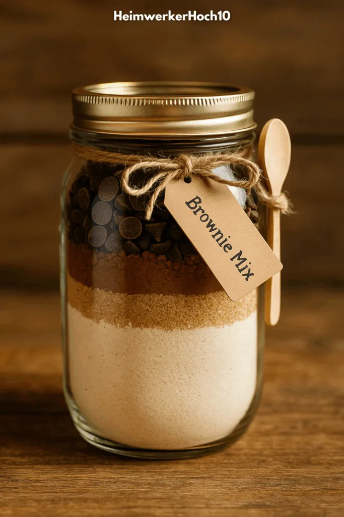 Einmachglas Deko zu Weihnachten: 3 einfache Ideen zum Nachmachen Einmachglas Weihnachten mit Brownie-Mischung, Juteschnur und Holzlöffel auf Holztisch