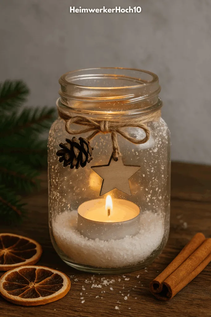 Einmachglas Deko zu Weihnachten: 3 einfache Ideen zum Nachmachen Einmachglas Weihnachten Windlicht mit Kerze, Zimtstangen und Tannenzweigen auf Holztisch