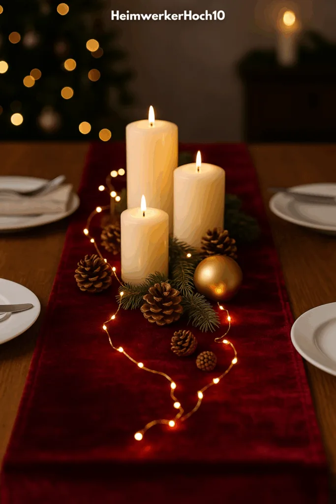 Weihnachtstisch mit rotem Samt-Tischläufer, Kerzen, Zweigen und goldener Deko