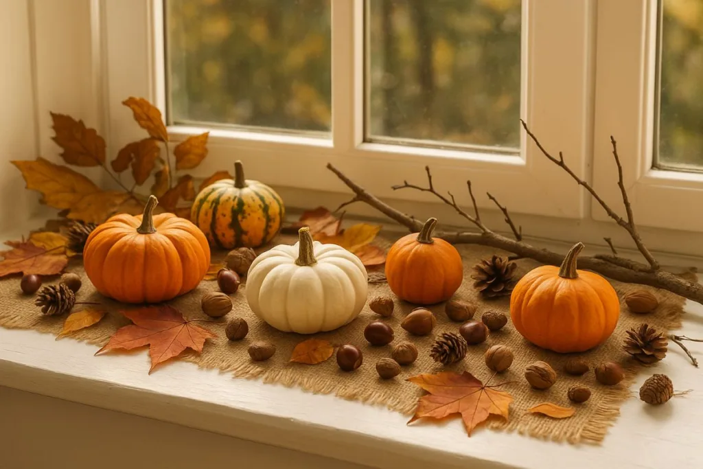 Fensterbank herbstlich dekorieren - 3 wunderschöne Ideen für dein Zuhause Herbstliche Fensterbank mit Kürbissen, Laub und Nüssen – natürliche Deko-Idee für den Herbst.