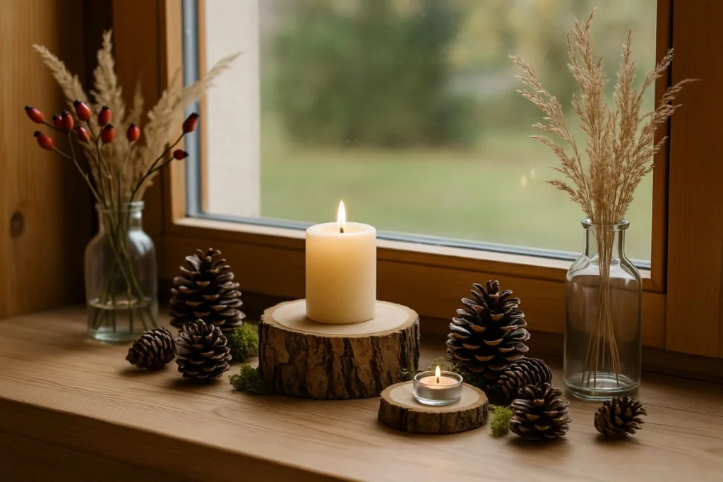 Fensterbank herbstlich dekorieren - 3 wunderschöne Ideen für dein Zuhause Rustikale Herbstdeko auf der Fensterbank mit Holz, Kerzen, Tannenzapfen und Naturmaterialien