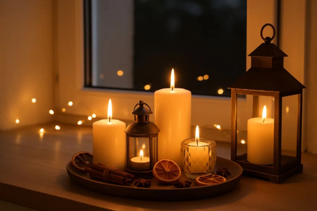 Fensterbank herbstlich dekorieren - 3 wunderschöne Ideen für dein Zuhause Herbstliche Fensterbank mit Kerzen, Zimt und Orangen – gemütliche Deko-Idee für warme Herbstabende.