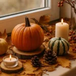 Herbstlich dekorierte Fensterbank mit Kürbissen, Kerzen, Blättern und Zweigen – stimmungsvolle Herbstdeko Idee.