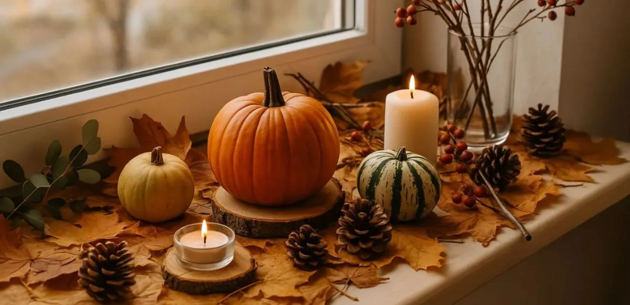 Herbstlich dekorierte Fensterbank mit Kürbissen, Kerzen, Blättern und Zweigen – stimmungsvolle Herbstdeko Idee.