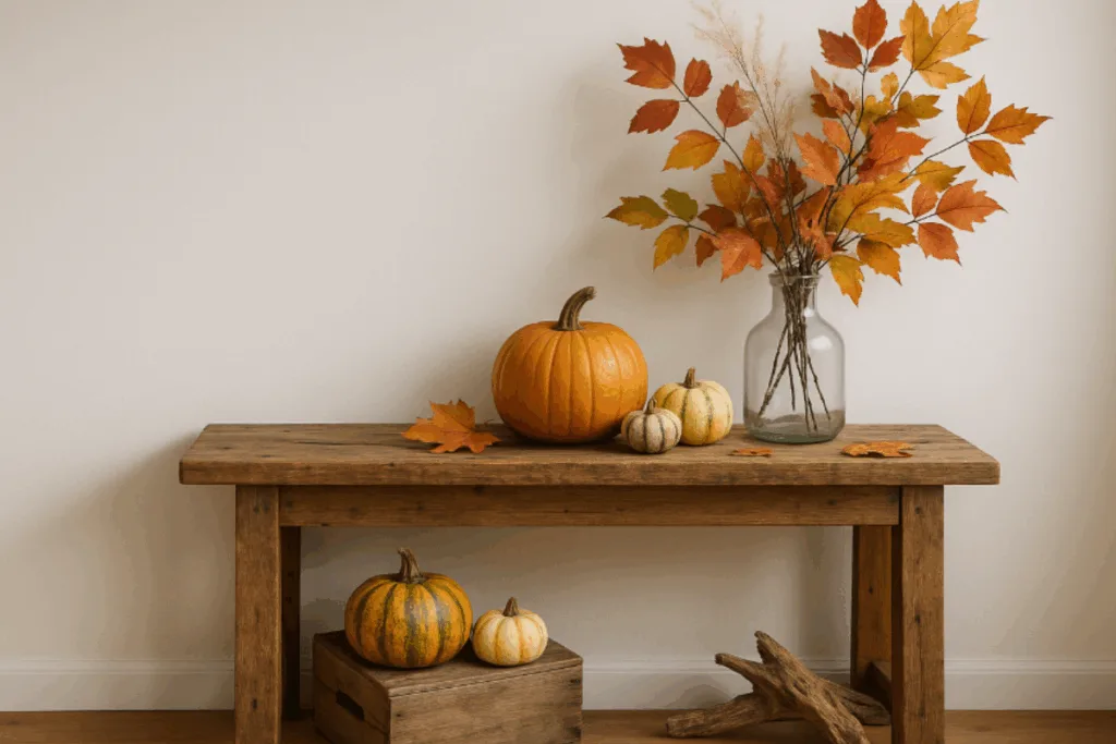 Flur herbstlich dekorieren - 3 gemütliche Deko-Ideen für Zuhause Rustikale Herbstdeko im Flur mit Holzbank, Kürbissen und Blättern – natürliche Idee für herbstliche Gestaltung.