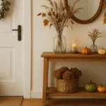 Herbstlich dekorierter Flur mit Holzbank, Kürbissen und Trockenblumen – gemütliche Deko-Idee für den Eingangsbereich.