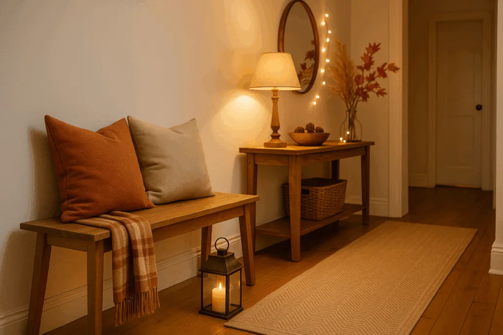 Flur herbstlich dekorieren - 3 gemütliche Deko-Ideen für Zuhause Herbstlich dekorierter Flur mit Holzbank, warmem Licht und Kissen – gemütliche Herbstdeko im Eingangsbereich.