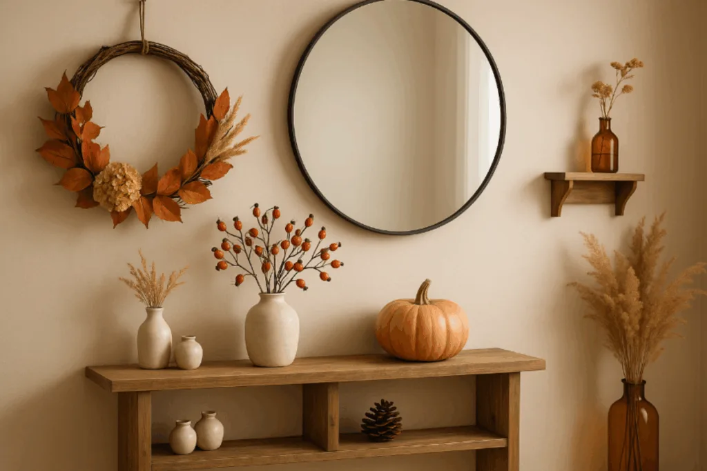 Flur herbstlich dekorieren - 3 gemütliche Deko-Ideen für Zuhause Herbstliche Flurdekoration mit Spiegel, Kranz, Kürbis und Holzregal – natürliche Dekoidee für den Eingangsbereich