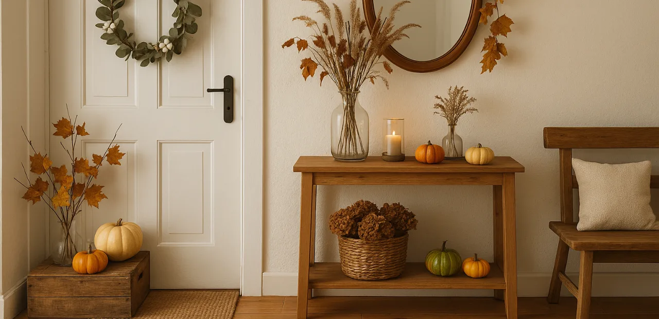 Herbstlich dekorierter Flur mit Holzbank, Kürbissen und Trockenblumen – gemütliche Deko-Idee für den Eingangsbereich.