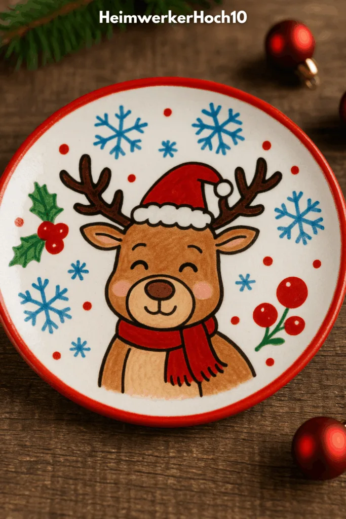 Keramik bemalen zu Weihnachten - 3 kreative Teller-Ideen Handbemalter Keramikteller mit Rentiermotiv, Keramik bemalen Weihnachten Idee
