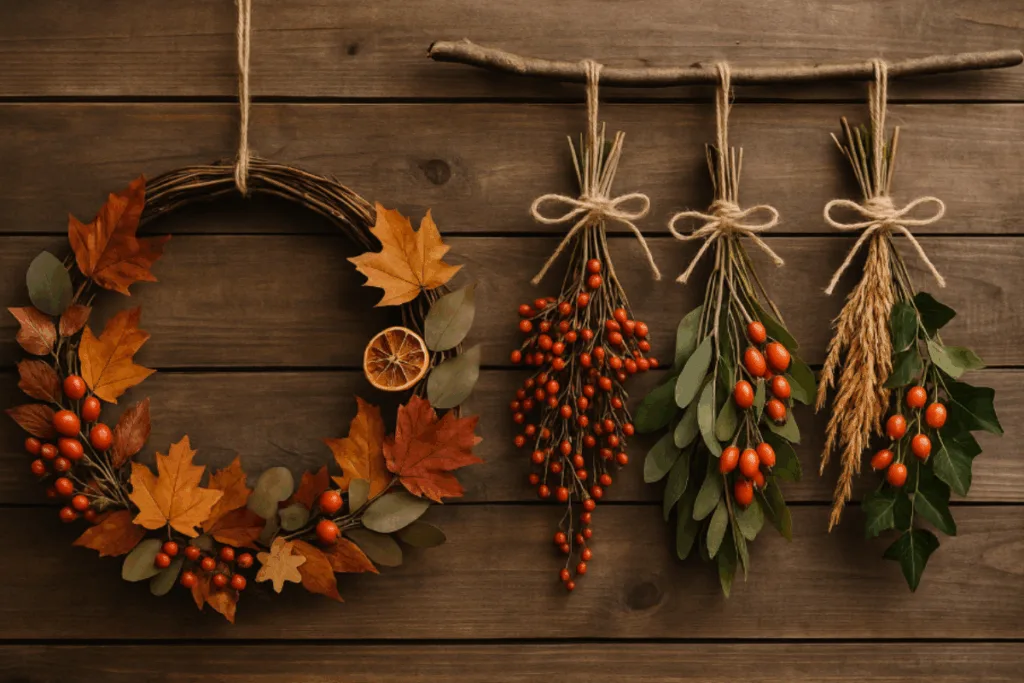 Herbstdeko für die Küche - 3 einfache DIY-Ideen zum Nachmachen Herbstdeko für die Küche: selbstgemachter Kranz und Hänger aus Blättern, Beeren und Zweigen auf Holzwand