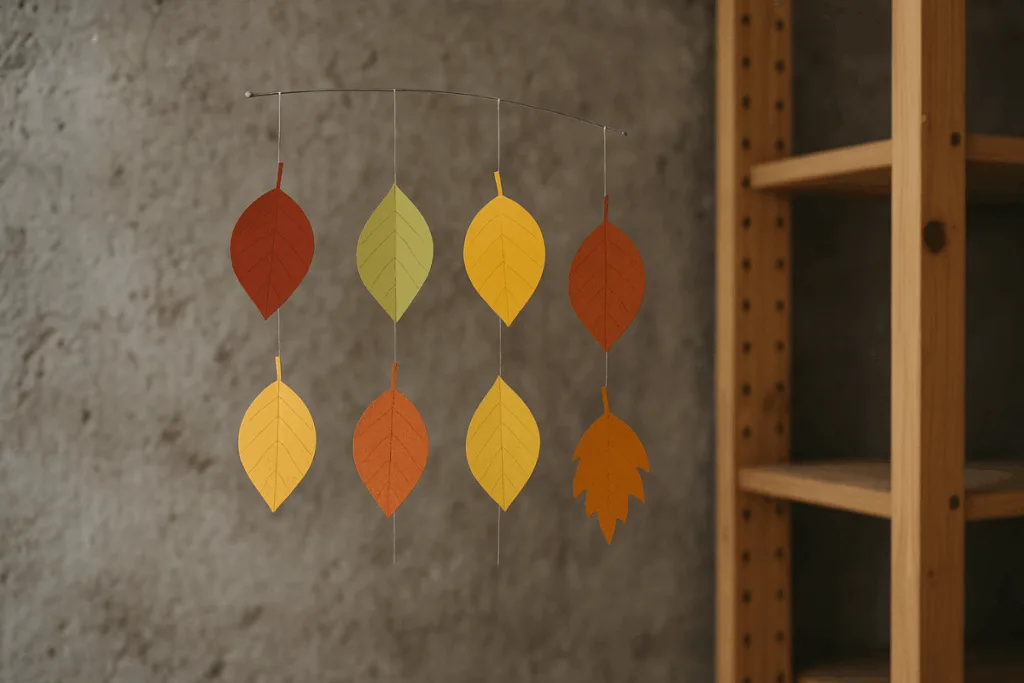 Herbstliches Blätter-Mobile aus buntem Papier vor grauer Wand im Keller, natürlich dekoriert und warm beleuchtet.