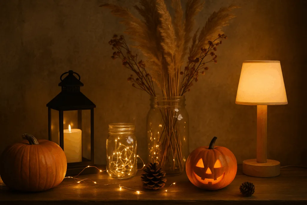 Herbstliche Lichtideen im Keller mit Kürbissen, Lichterketten, Laterne und Trockenblumen in warmem Licht.