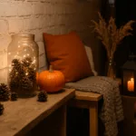 Gemütliche Herbstdeko im Keller mit Kürbissen, Trockenblumen, Lichterkette und warmem Licht auf Holzbank.