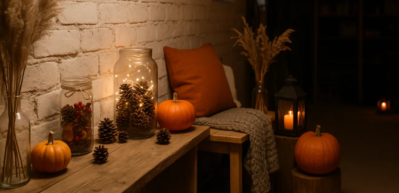 Gemütliche Herbstdeko im Keller mit Kürbissen, Trockenblumen, Lichterkette und warmem Licht auf Holzbank.