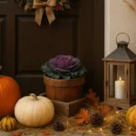 Herbstdeko Haustür mit Kürbissen, Heide, Laterne und Kranz aus Naturmaterialien vor dunkler Holztür.