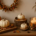 Herbstdeko in der Küche mit Kürbissen, Holz und Kerzen – gemütliche herbstliche Dekoidee für Zuhause