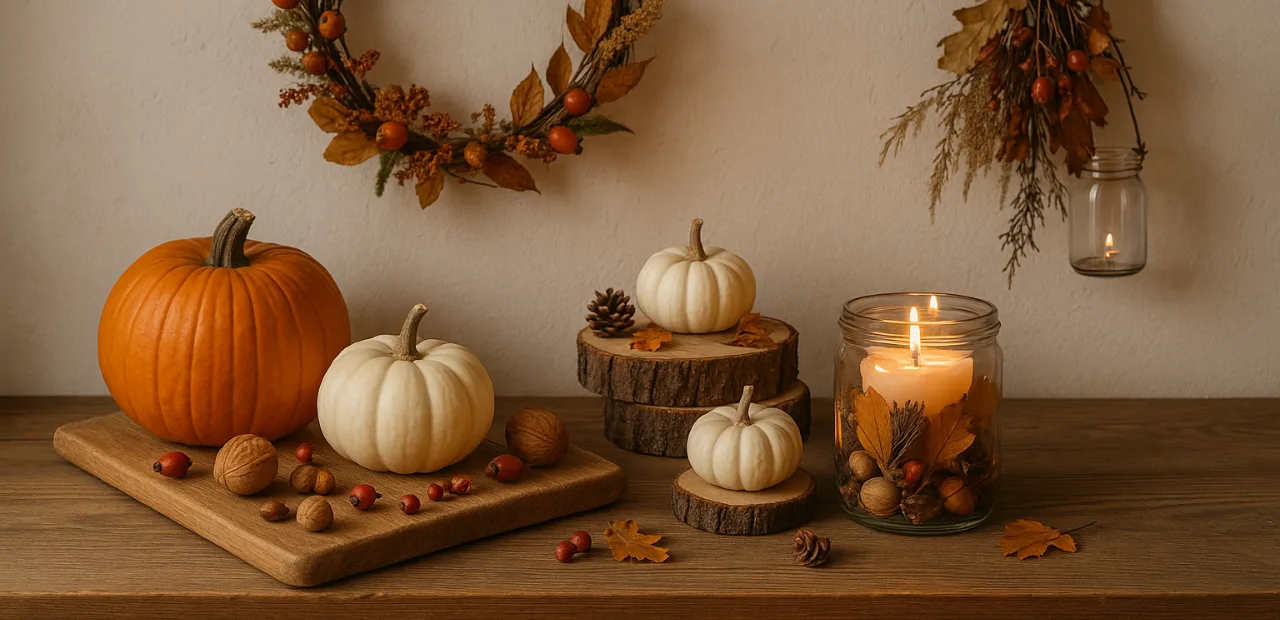 Herbstdeko in der Küche mit Kürbissen, Holz und Kerzen – gemütliche herbstliche Dekoidee für Zuhause
