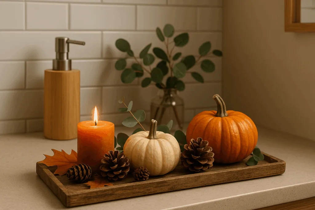 Herbstdeko fürs Badezimmer mit Holztablett, Kürbissen, Kerze und Eukalyptus – natürliche, warme Herbststimmung.