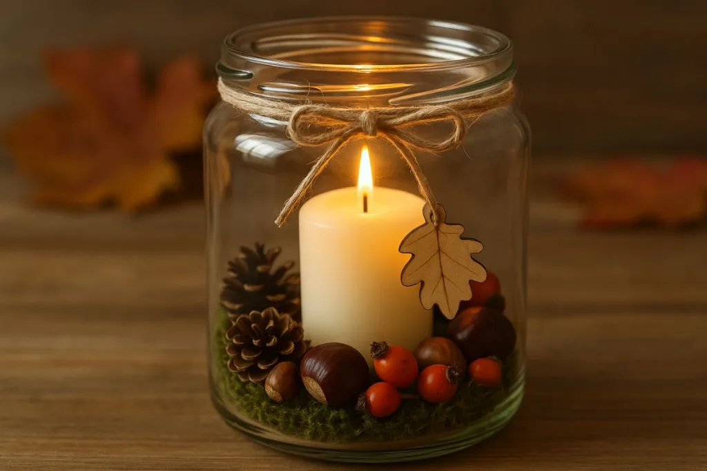 Herbstdeko im Glas mit Kerze, Moos, Kastanien und Zapfen – stimmungsvolles Windlicht für gemütliche Herbsttage.