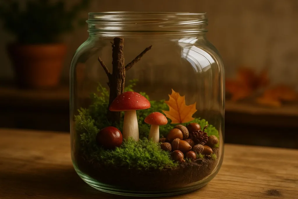 Herbstdeko im Glas mit Moos, Pilzen, Eicheln und Blättern – natürliche Mini-Herbstlandschaft im Glas.