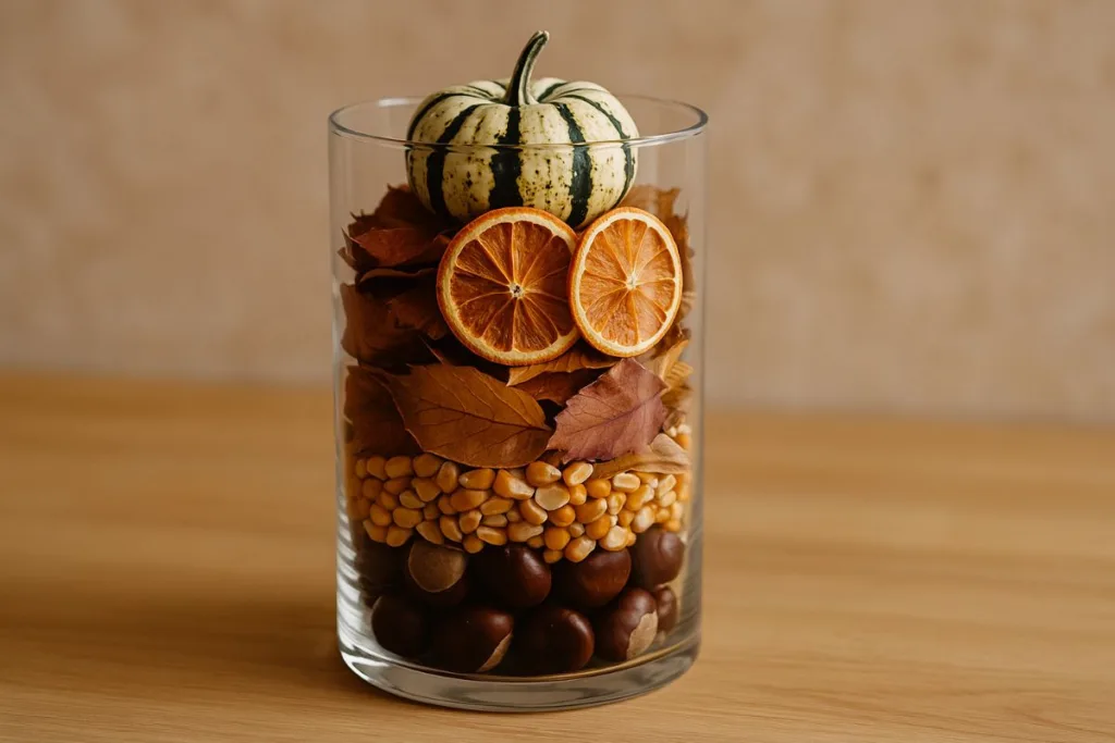 Herbstdeko im Glas mit Kastanien, Mais, Blättern und Kürbis als natürliche herbstliche Tischdekoration