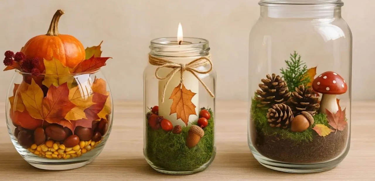 Herbstdeko im Glas mit Kürbis, Moos, Zapfen und Kerze – drei schöne herbstliche Ideen auf Holztisch.