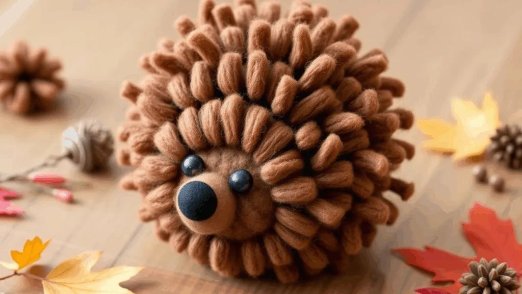 Fertiger flauschiger Pompon-Igel aus Wolle mit Gesicht aus Filz